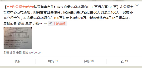 上海公积金新政：首套房贷款最多至120万