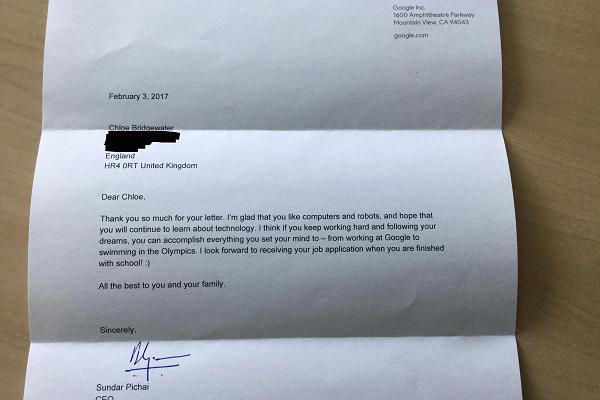 7岁女孩写信向谷歌求职 CEO皮查伊回信：期待毕业后见